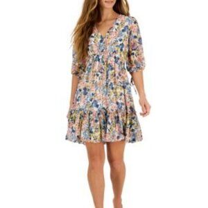 Taylor 3/4 Sleeve V-Neck Smocked Waist Floral Chiffon Dress Womens Size 14